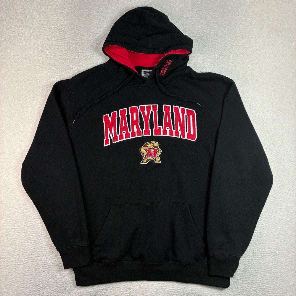 Y2K Maryland Terrapins Hoodie Men L Black Red Pullover Sweatshirt Embroidered